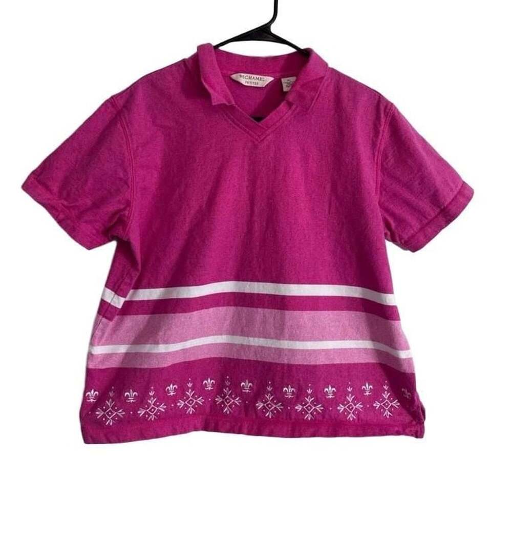Bechamel Petites Pink Short Sleeve Polo Shirt with White Striping- Size PL